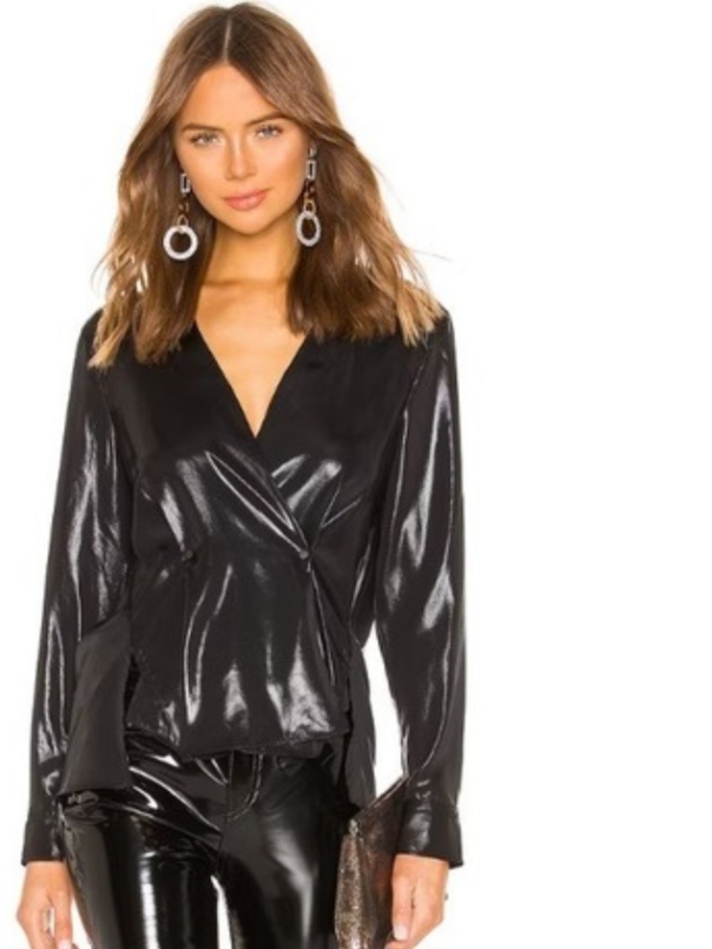 Rag & Bone Debbie Top V-Neck Faux-Wrap Metallic‎ Liquid Black Size XXS